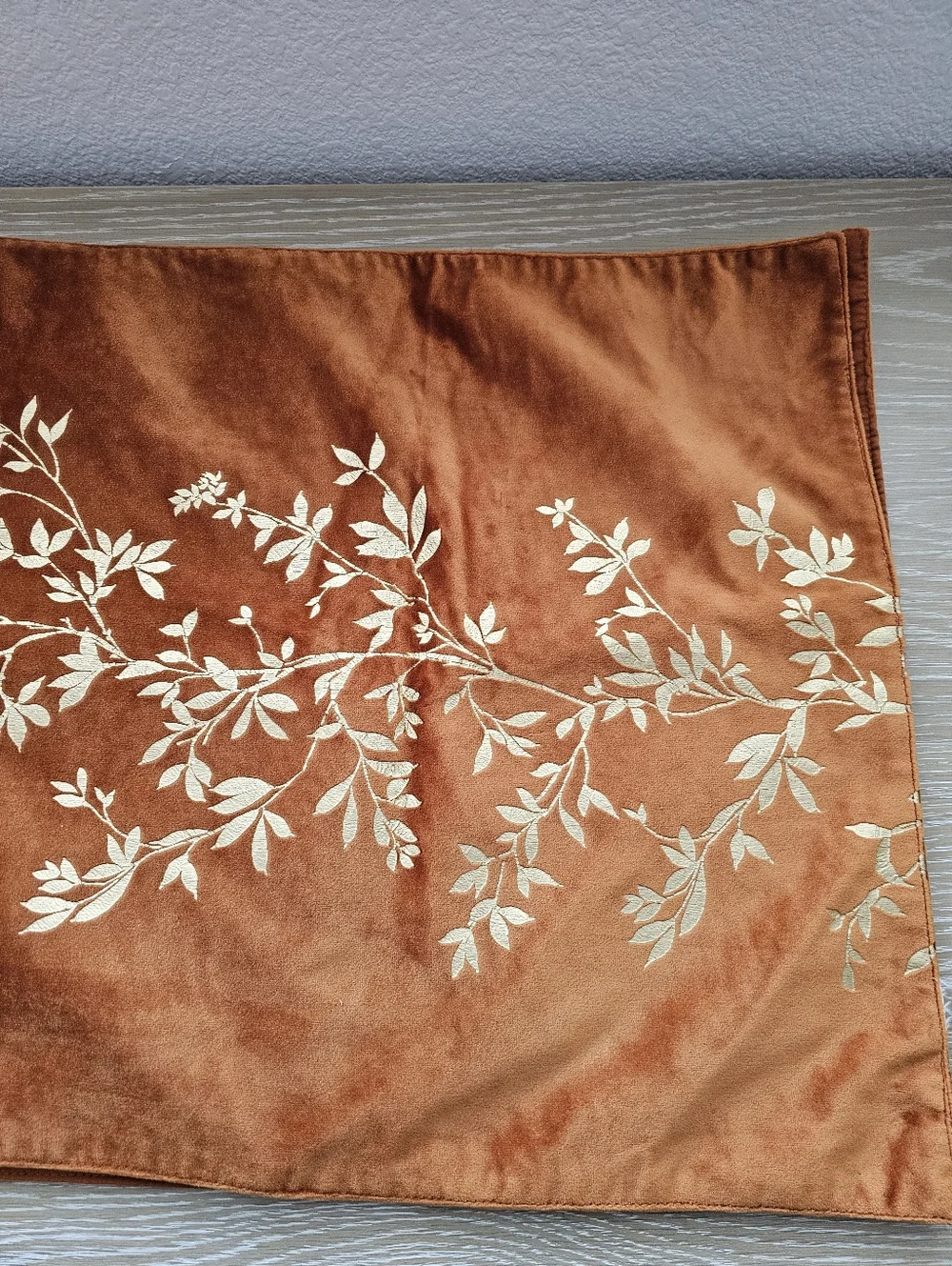 Vintage Rust Velvet Table Runner Gold Embroidered Botanical Vine Autumn Decor